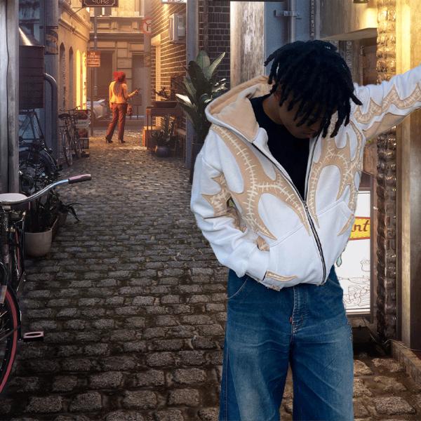 3D Distressed Applique Embroidery Hoodie Cropped Mens Hoodies Jacket Anti Wrinkle