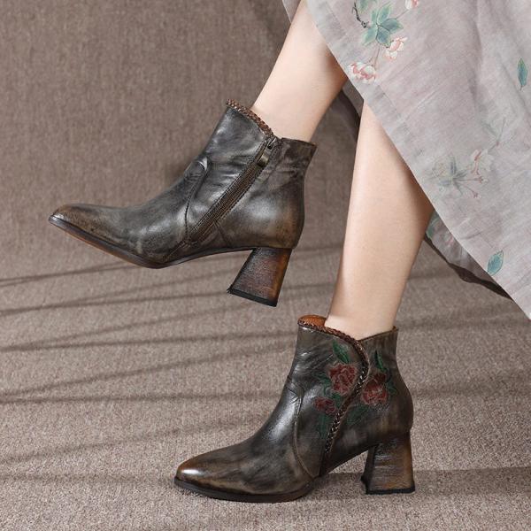 HZM034 Ethnic Style Retro Women'S Boots Autumn And Winter New Leather Women'S Shoes Boots Original Embroidery Thick Heel