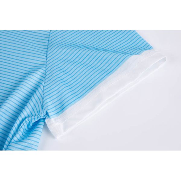 Unisex Sky Blue Micro-Stripe Half-Zip Polo Shirt with Breathable Fabric and Contrast Collar