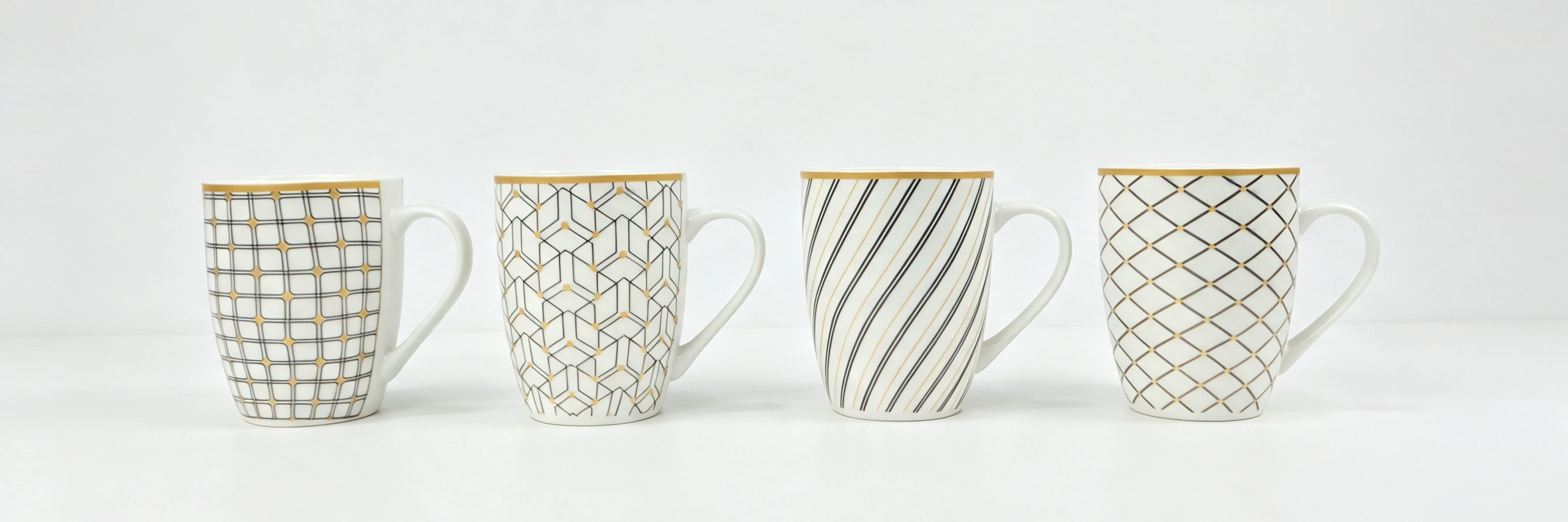 Modern Geometric Gold‑Trim Ceramic Mug Set of 4, Black & Gold Pattern Coffee Cups