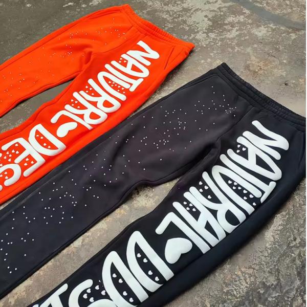 Custom Rhinestone Puff Print Sweat Pants Joggers Vintage Acid Wash Flared Sweatpants Men