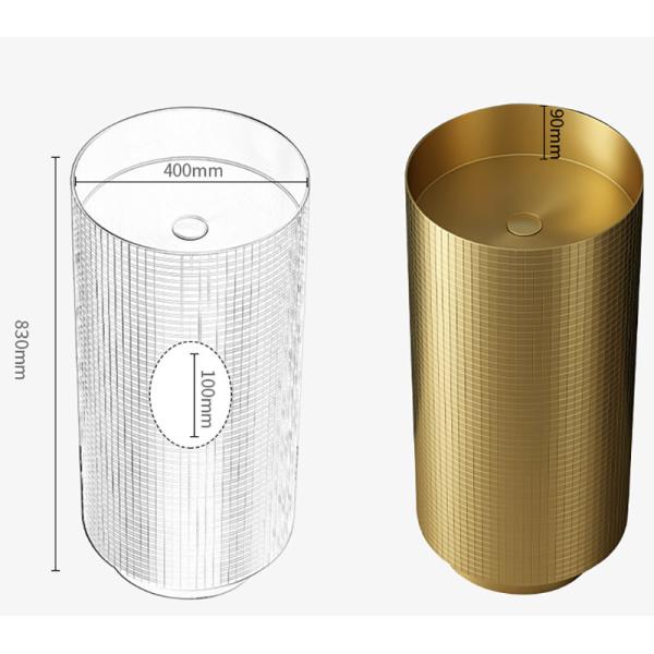 Floor Standing Stainless Steel Pedestal Sink , Cylindrical Wash Basin Brushed Gold Color