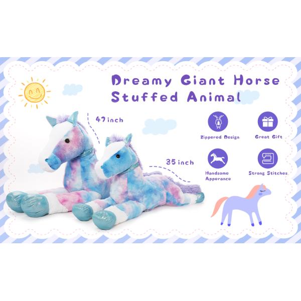 MorisMos Large 35 Inch Soft Blue Horse Stuffed Animal Pillow PP Cotton Pony Plush Toy for Boys and Girls for Parties