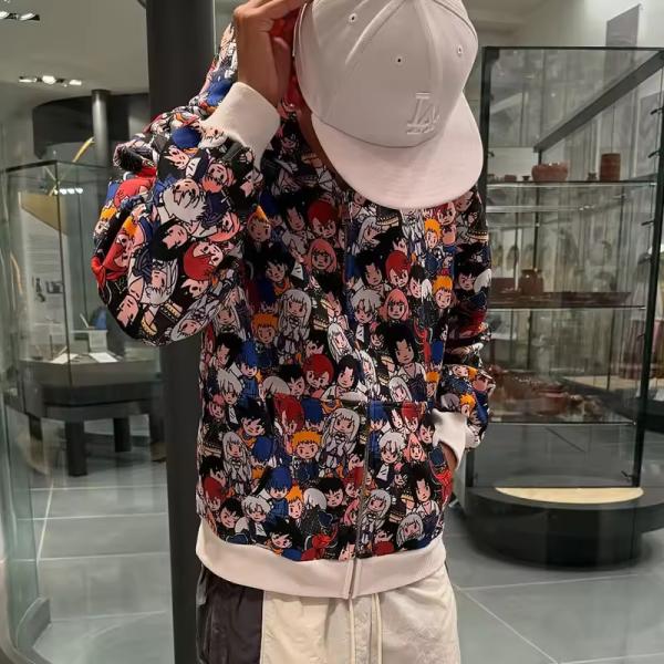 Sweat à capuche zippé personnalisé avec impression DTG complète de dessins animés, streetwear, surdimensionné, en éponge française, mode décontractée, pour hommes