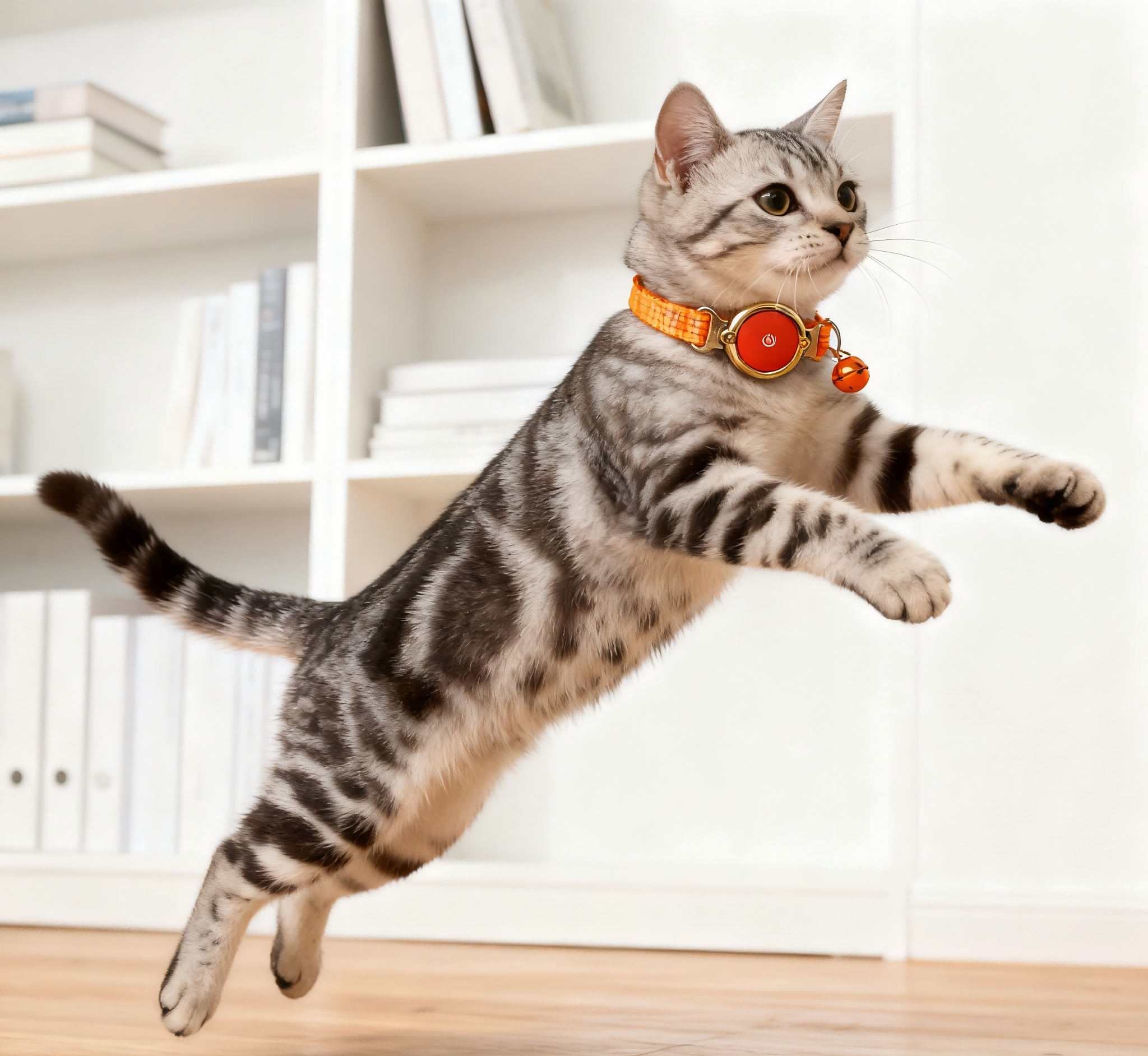 Durable Pet Collar for Cats Orange Smart Round Power Button Bell Metal Buckle Webbing