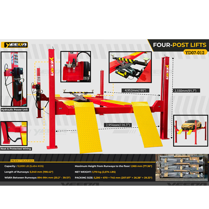 Four-Post Vehicle Lift with 12000LB Capacity Hydraulic Power Unit and 198.42 Runway Length