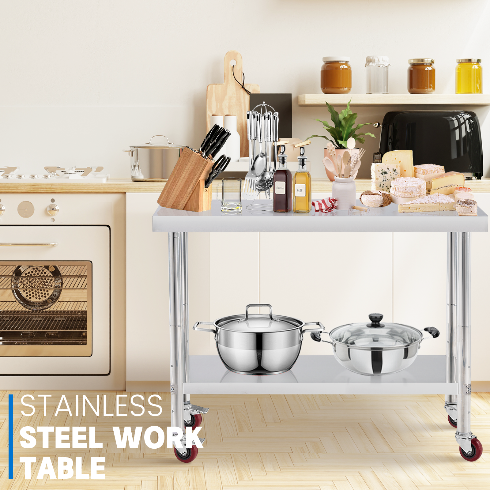 Durable Construction Stainless Steel Work Table with Customized Size and Easy Mobility for Commercial Kitchen