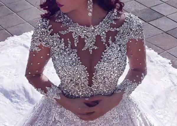 Backless Lace Long Tail Bridal Gown / Diamond Beads Silver Sequin Wedding Dress