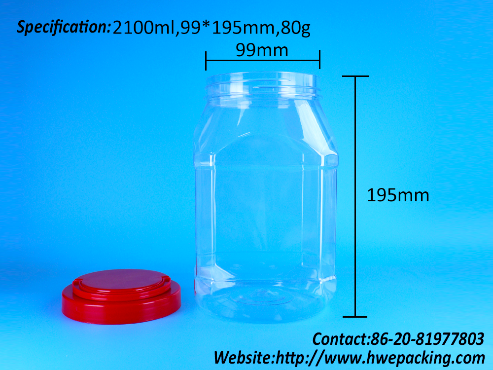 2100ml Red Screw Handle Lids Clear Food Grade PET Plastic Candy Shrimp Chips Jars