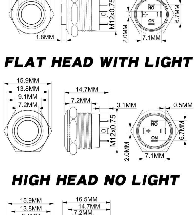 Short-Throw Self-Reset Momentary 12mm LED  Metal Push Button Switch Waterproof IP65