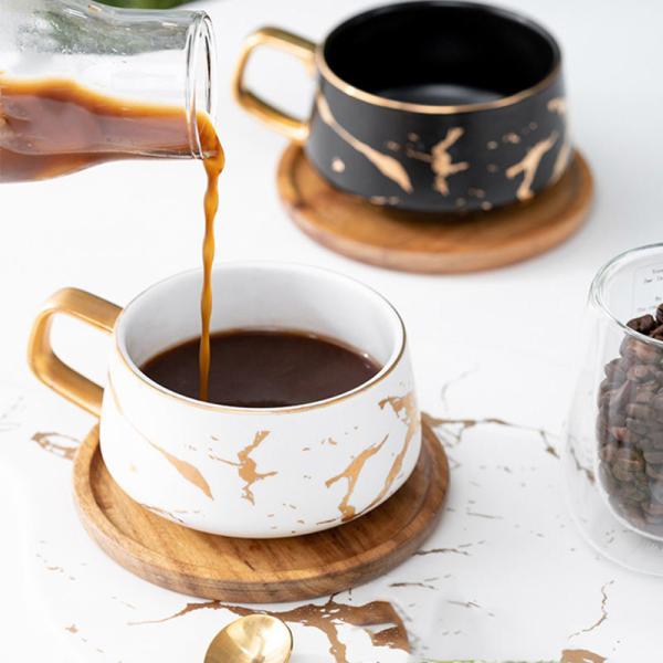 Wedding Gift bamboo saucer white gold marble turkish coffee set coffee cup and saucer ceramic set