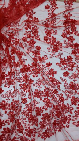 A tela frisada vermelha floral do laço de Chantilly do francês, entrega tela de malha frisada para o vestido de casamento