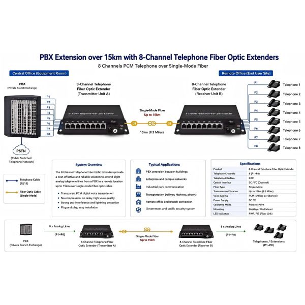 8 Channel Telephone Fiber Optic Extender RJ11 Analog PCM Telephony Over Fiber