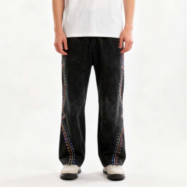 Custom Oversized Wide Leg Blank Spring Autumn Men Joggers Sweatpants American Style Cargo Rhinestone Waterproof Track Pants