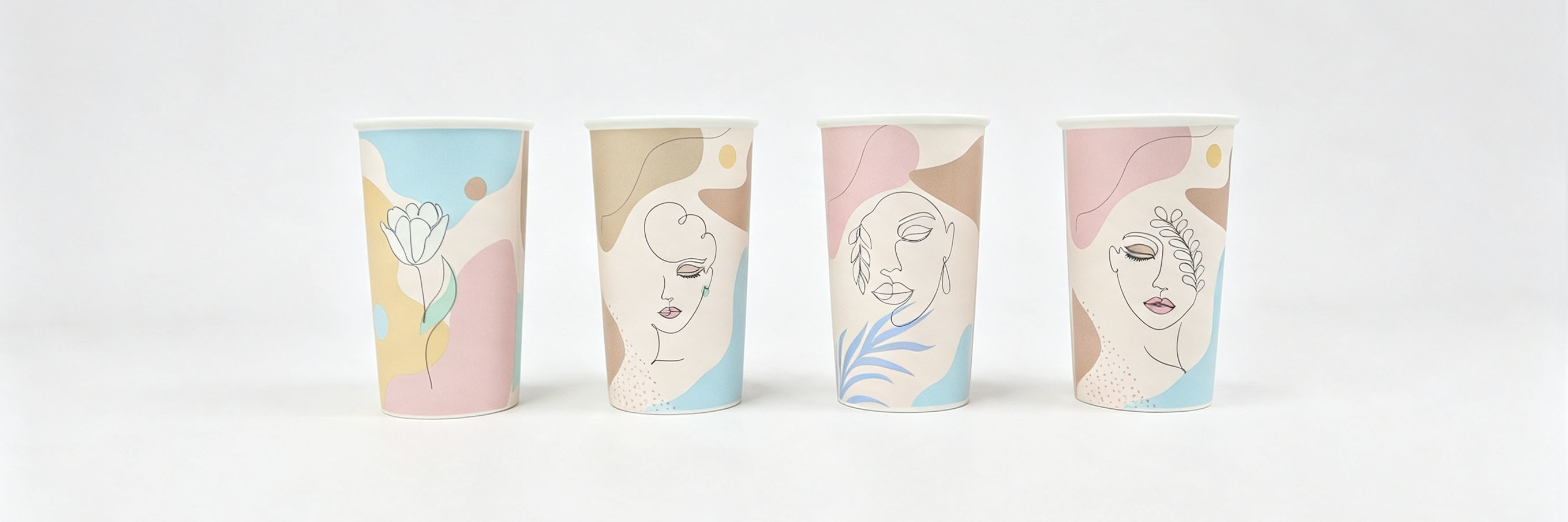 Boho Abstract Line‑Art Ceramic Tumbler Cup Set of 4, Modern Woman Face & Floral Tall Coffee Cups