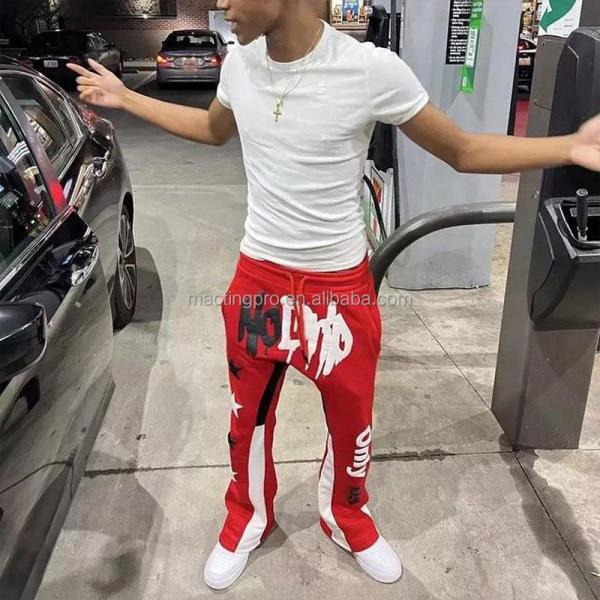 Red Flare Sweatpants For Men Anti-Static Joggers Track Sweat Pants Vintage Style Puff Printing