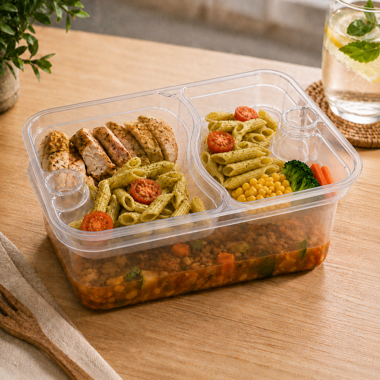 Prepared Meal Portions Clear Three Compartment Insert Tray 211mm