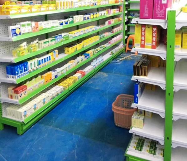 Light Duty Pharmacy Display Racks 5 Steel Layers Green Columns Middle Panel 0.5MM