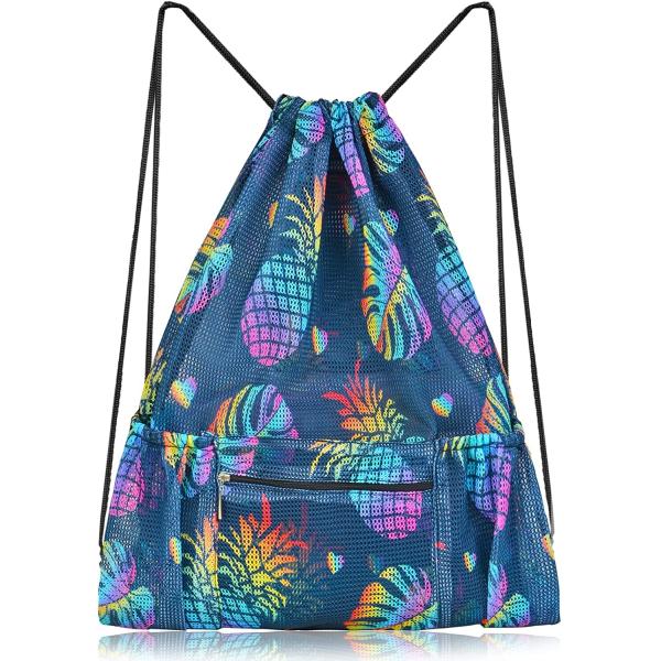 Mesh Drawstring Bag with Zipper Pocket, Beach Bag for Swimming Gear Backpack Gym Storage Bag for Adult Kids