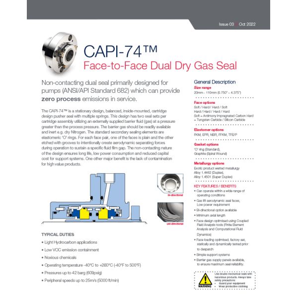 AESSEAL CAPI-74 Dry Gas Seals Double Cartridge Mechanical Seal for Pumps