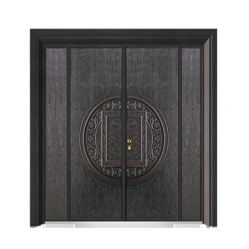 China Suppliers Luxury Front Security Exterior Doors Deep Embossing Double Leaf Panel Entry Front Steel Door for House with Smart Lock