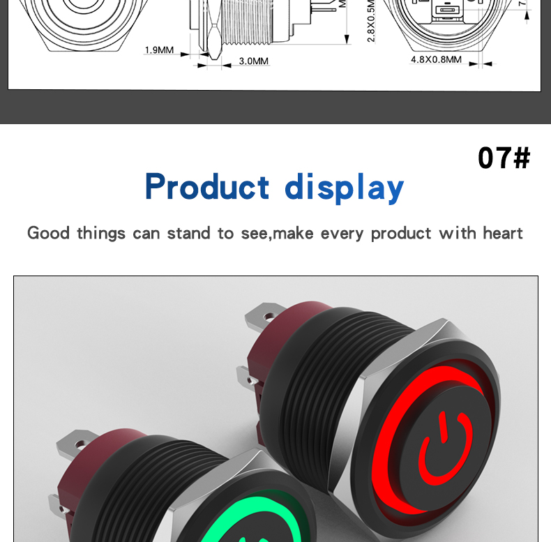 HongYe 22mm Metal Push Button Switch 15A High Current Alumina Black Housing Self-Locking Momentary 1NO IP65 Max 220V LED Ring