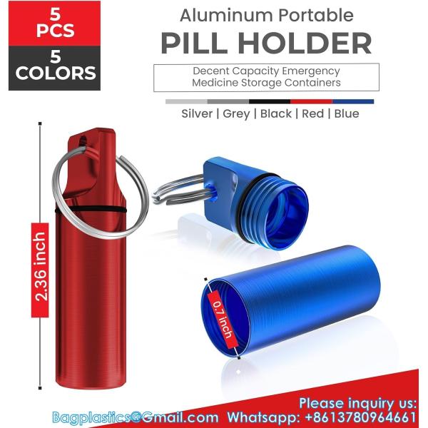 Aluminum Metal Pill Box Case Organizer With Keychain - Outdoor Medicine Bottle Key Ring Small First Aid Drug Holder