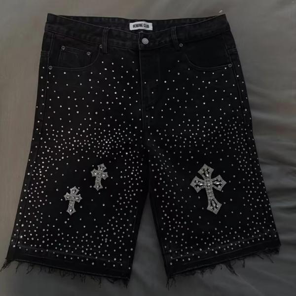 Custom Slim Jeans Summer Vintage Street Wear Heavyweight Denim Shorts Manufacturers Men's Baggy Denim Shorts Rhinestone Jorts