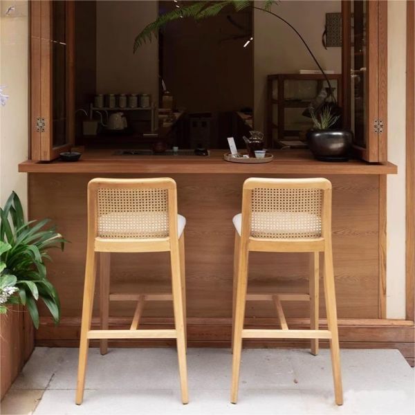 Nordic Modern Coffee Shop Front Counter High bar Stool Garden Courtyard Creative Solid Wood Hand Made Rattan bar Chair