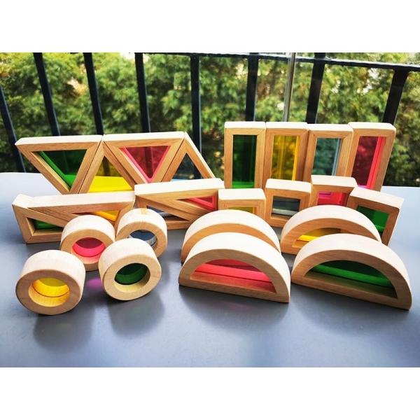 Kids Montessori Wooden Toy Sensory Rainbow Mirror Blocks Solid Rubber Wood Stacking Acrylic Buliding Stacker Educational