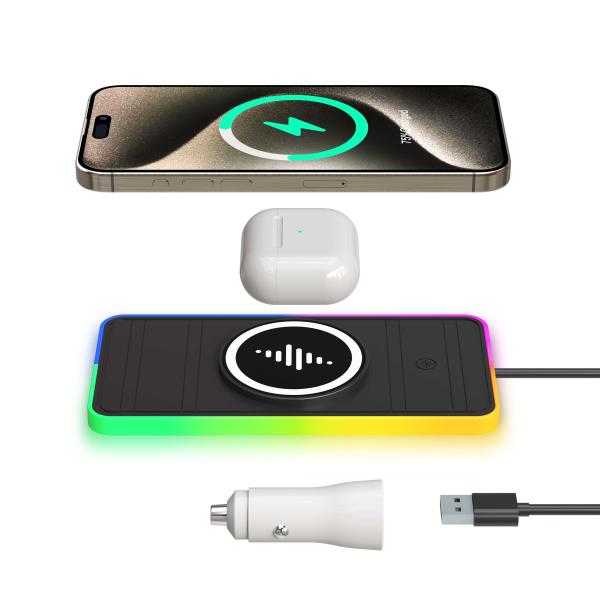 RGB Car Wireless Charging Pad For Apple IPhone/Watch 15W output Power Protection
