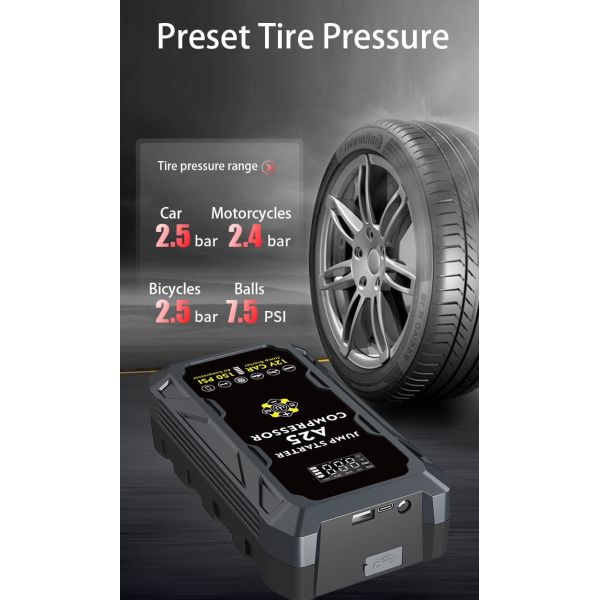 12V Car Battery Jump Starter Portable With Digital Tire Inflator Power Bank
