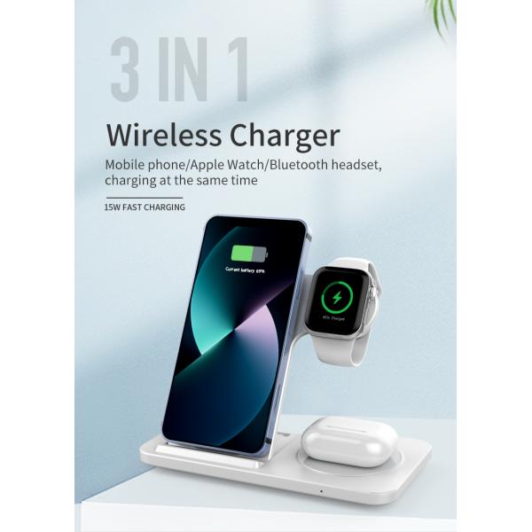 3-In-1 Wireless Charger with Charging Distance 8mm CE FCC ROHS Certified Environmentally Friendly Plastic Pc Folding