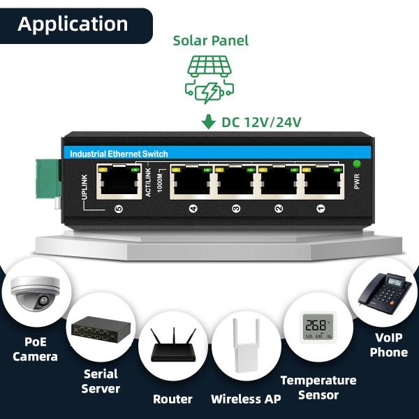 5 Port Gigabit Voltage Booster 12-48VDC Input Industrial Poe Network Switch