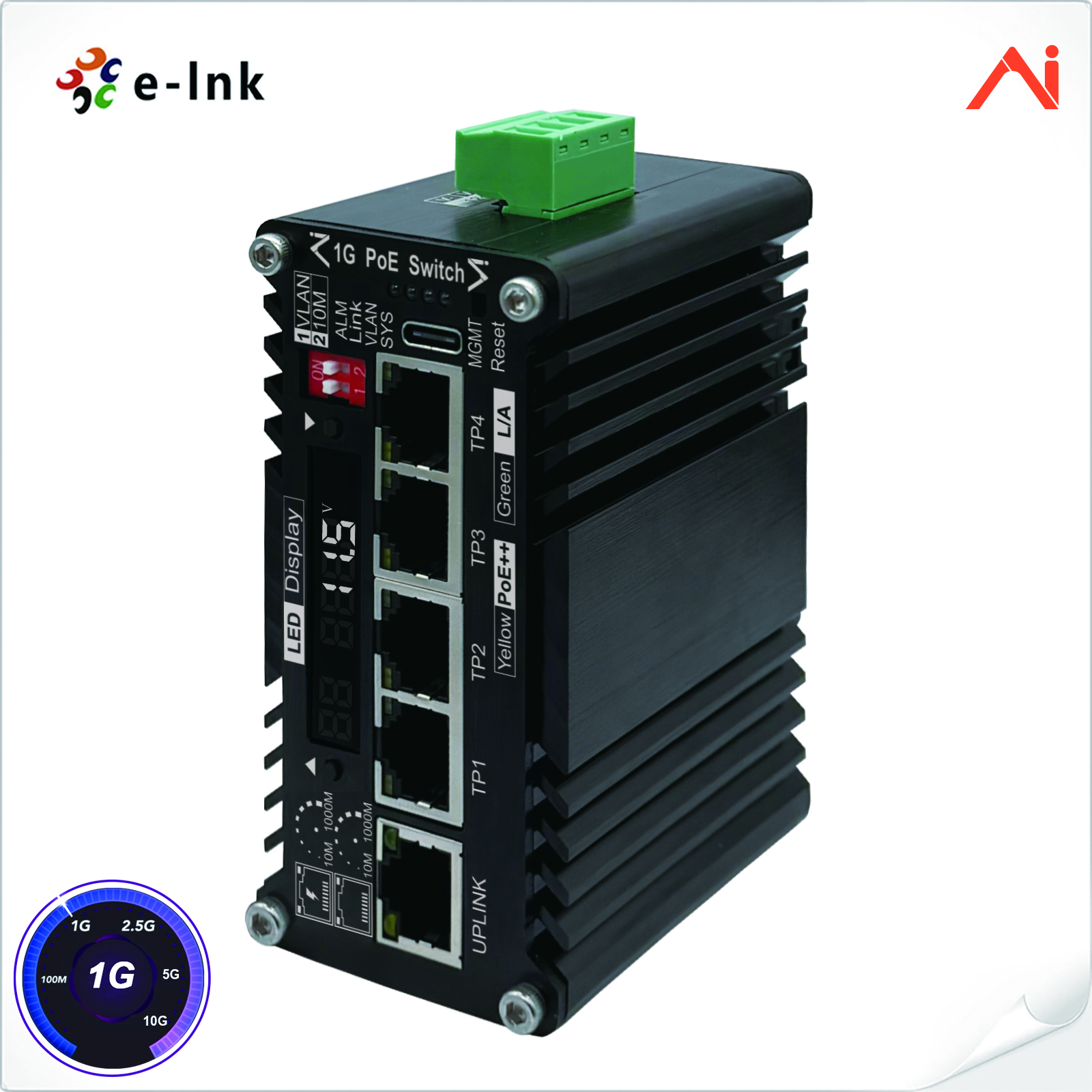 4-Port 10/100/1000Base-T IEEE802.3at PoE+ 30W to 1-Port 10/100/1000Base-T Uplink Mini Industrial AI Smart Managed PoE+ Ethernet Switch with Voltage Booster System