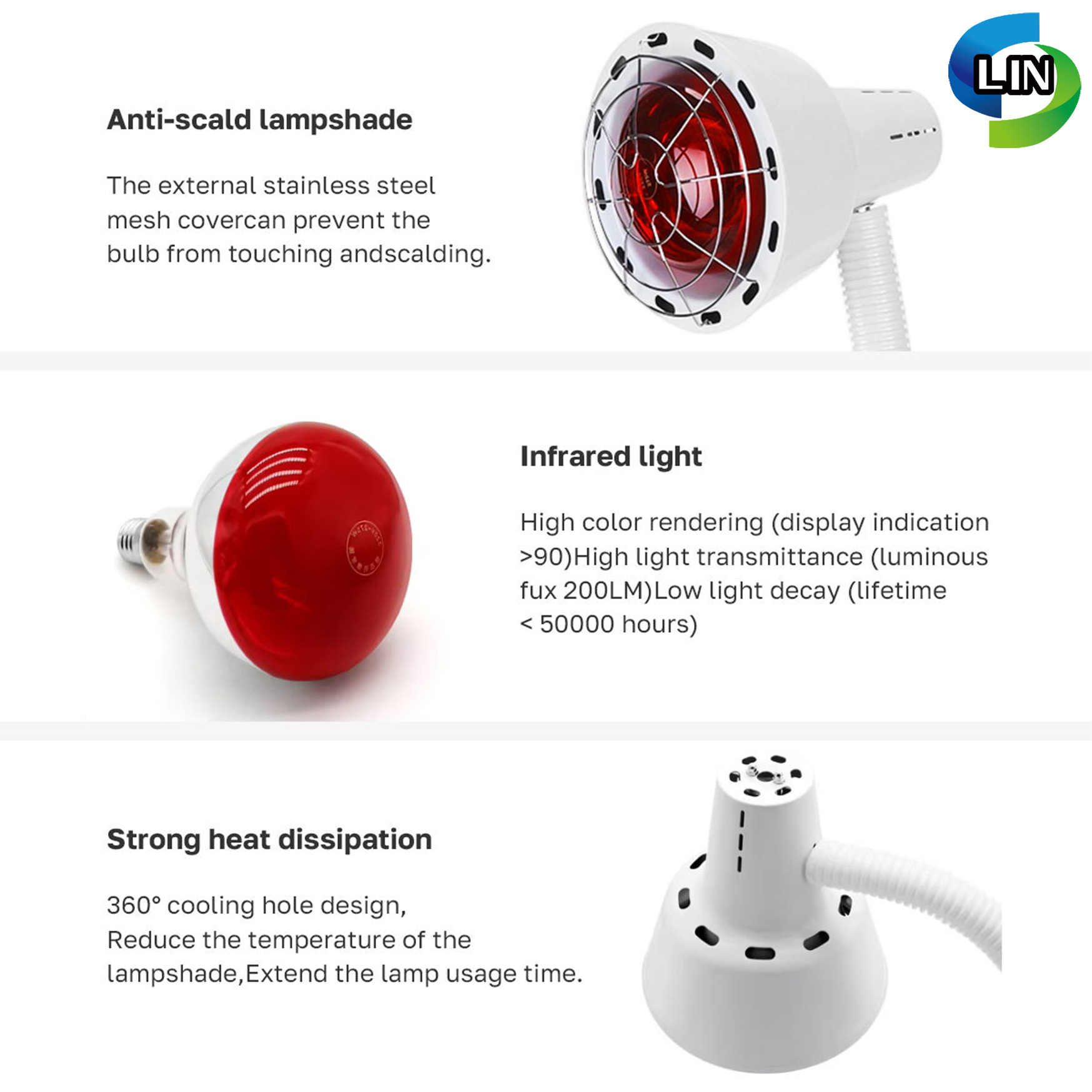 Infrared therapeutic lamp with 650-850nm wavelength range, made of Metal & Plastic, originating from China
