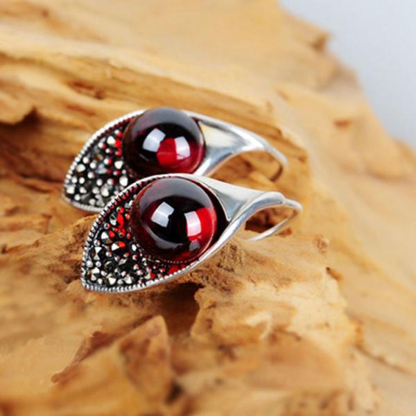 Thai Vintage Sterling Silver 10mm Round Red Garnet Hoop Earrings (E11061RED)