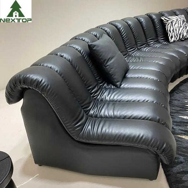 Luxury Black Leather Curved Piano Sofa Large Lobby Set For Hotel Villa