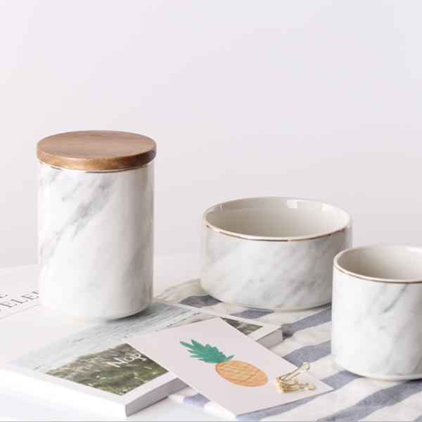 Luxury Home Scented Candles Ceramic Marble Wooden Wick Candle Jars With Metal Lids
