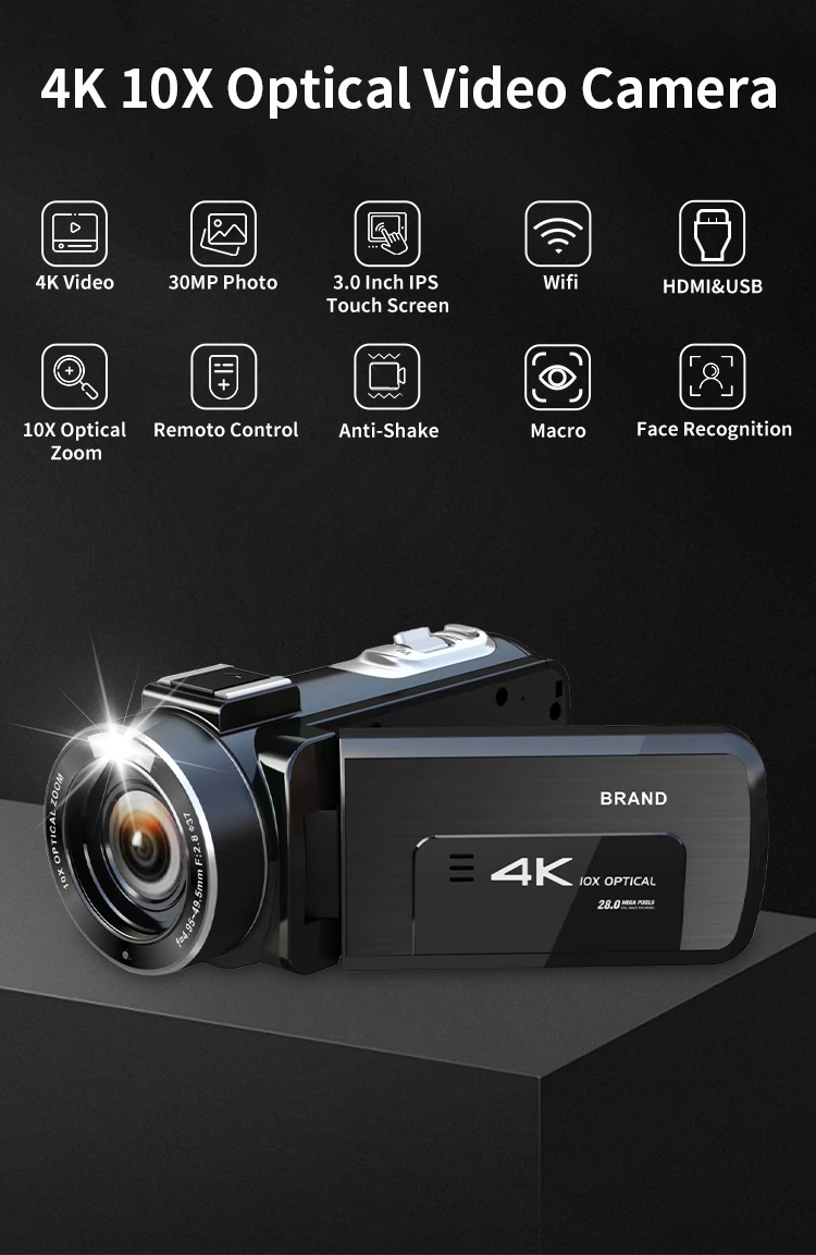 4K 30MP 10X Optical Zoom Video Camera Camcorder 3.0 Inch IPS Touch Screen With Wifi&Remote Control&Anti-Shake&Macro Vlog Camera