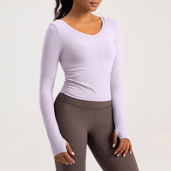 Long Sleeve V Neck Ruched Women Activewear Tops Light Purple Thumb Hole Cropped