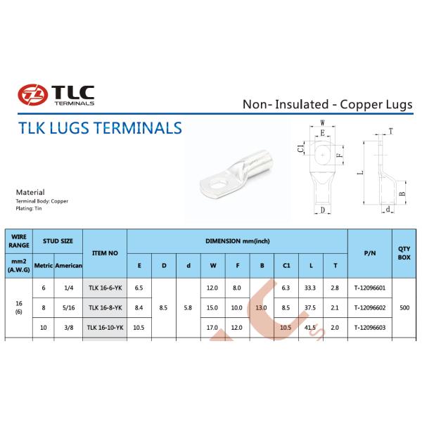 TLK Tinned Copper Lugs Terminals Customized Non-Insulated Copper Cable Lug Connectors