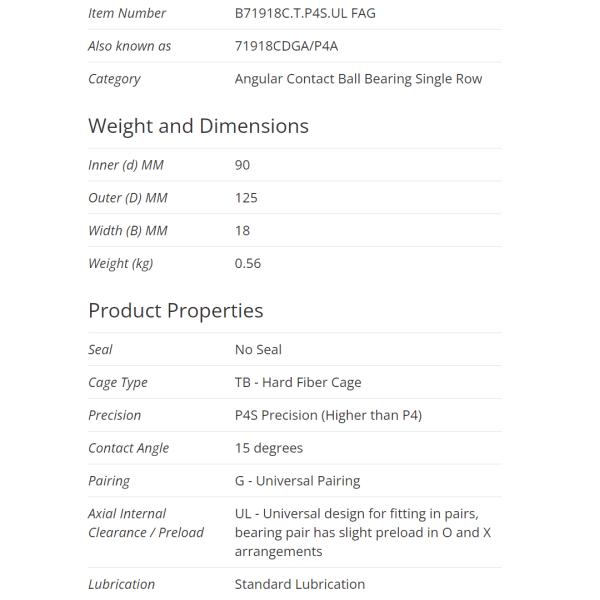 FAG Spindle bearings , Angular Contact Ball Bearing Single Row B71918C.T.P4S.UL , B71918C-T-P4S-UL