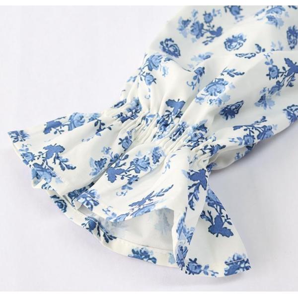 Фабрика одежды на заказ женская повседневная цветочная печать с квадратным вырезом сзади молния колокольчик с длинным рукавом укороченный топ блузка