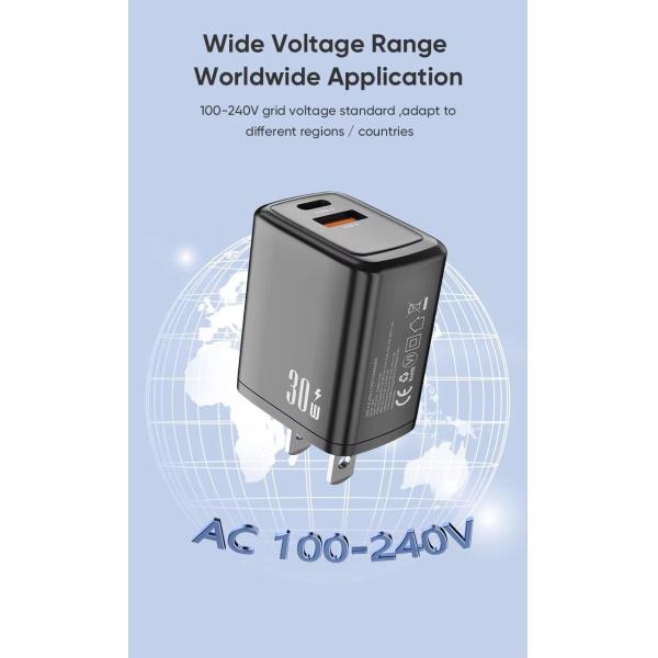 Custom Logo US Plug 30W Fast Charging Charger Dual Port USB Type C Mobile Phone Charger PD Power Adapter