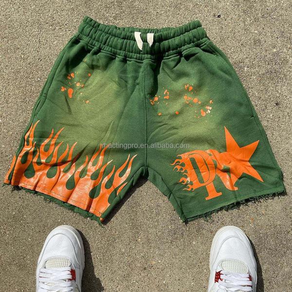 Blue Black Acid Wash Shorts Yellow Drawstring Closure Graphic Print Cotton French Terry Streetwear Shorts Men