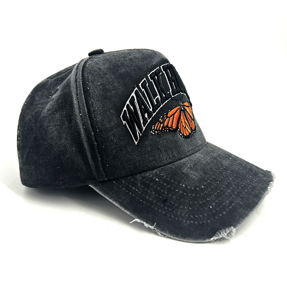 Popular 5 Panel Custom Baseball Caps Washed Cotton Distress 3D Puff Embroidery Sport