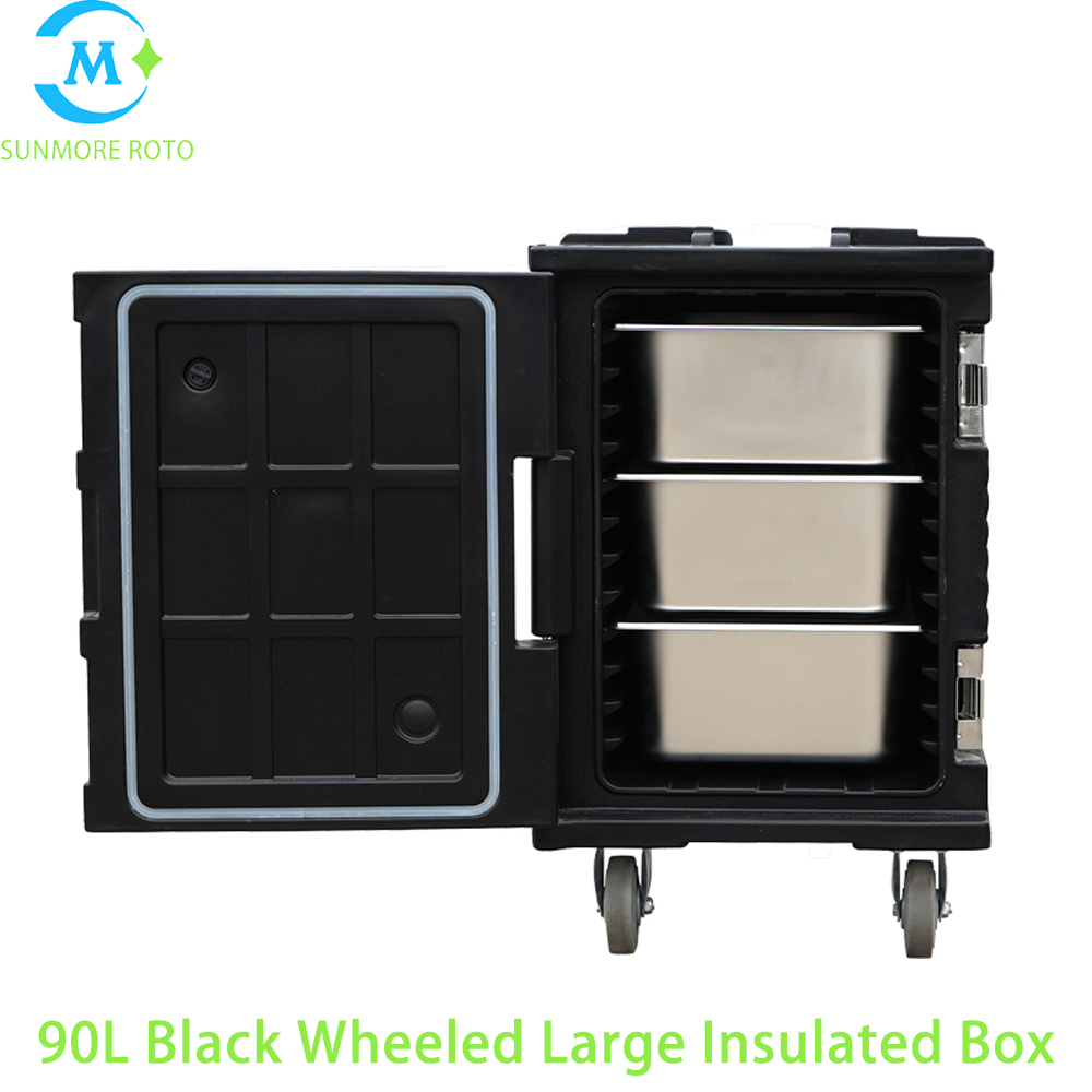 SUNMORE ROTO OEM 90L Black Wheeled Rotomolded Large Insulated Box, Thick PU Foam Hot & Cold Holding GN Pan Food Transport Cabinet For Central Kitchen Catering Canteen