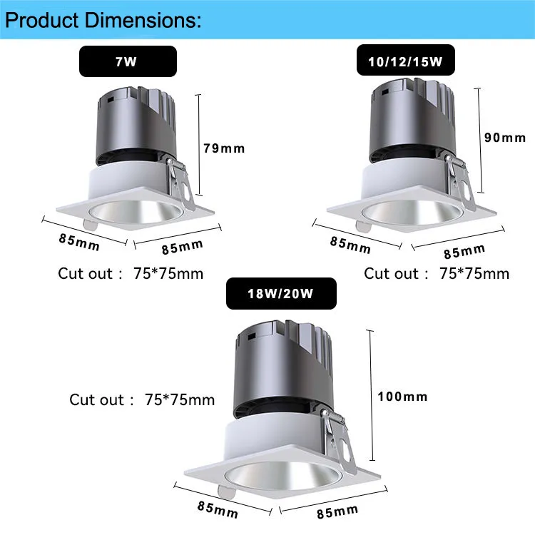 IP20 IP40 Office White Downlights, Square LED Down Light with Dali-2, Triac & 0-10V Multi Dimming Control, Factory Price Commercial Bathroom Spot Light