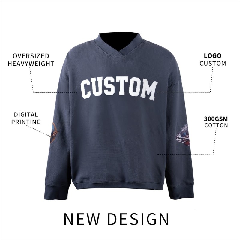 Custom Silk Print Acid Wash Oversized V Neck Sweatshirt Streetwear